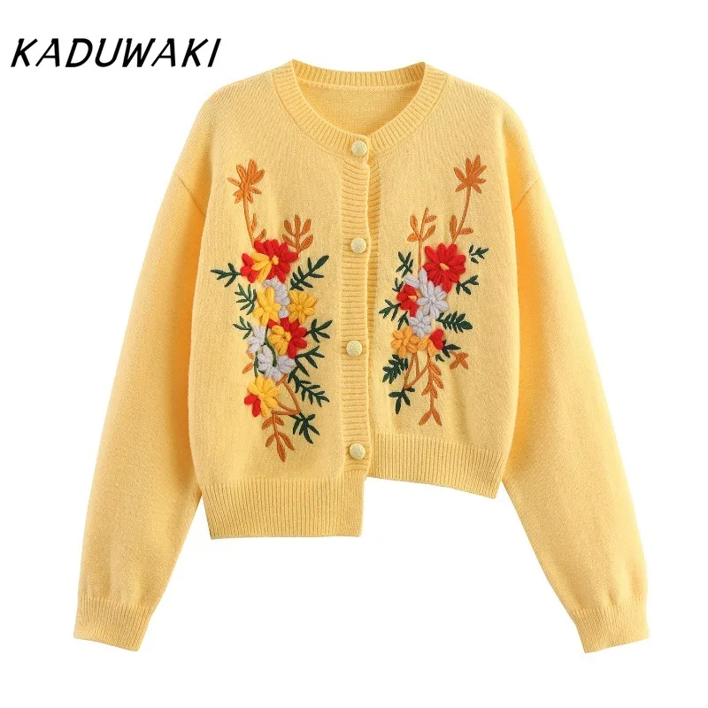 KADUWAKI Women Floral Embroidered Irregular Hem Cardigan Long Sleeve O Neck Single Breasted Autumn Coat Yellow Knit Outerwear
KADUWAKI Women Floral Embroidered Irregular Hem Cardigan Long Sleeve O Neck Single Breasted Autumn Coat Yellow Knit Outerwear
