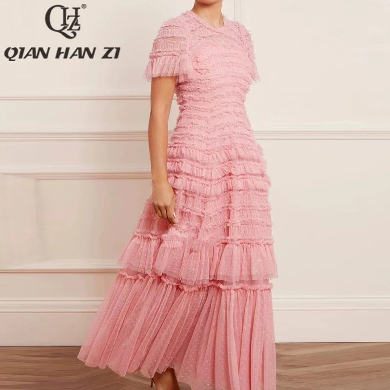 QHZ Fashion Vintage Long Dress Women short sleeves Mesh dot embroidery Elegant Slim luxury Pleats Cascading Ruffle Maxi Dress
QHZ Fashion Vintage Long Dress Women short sleeves Mesh dot embroidery Elegant Slim luxury Pleats Cascading Ruffle Maxi Dress