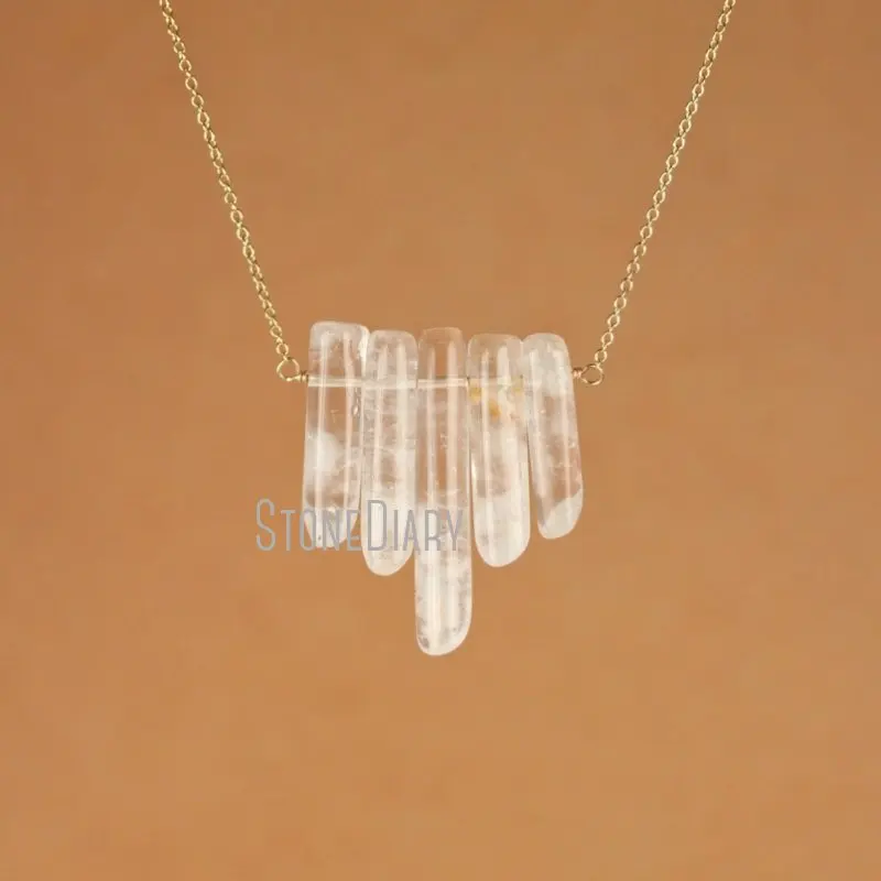 NM42469 A Row Of 5 Polished Quartz Wands Healing Crystal Pendant With Gold Color Vermeil Chain Free Form Necklace
NM42469 A Row Of 5 Polished Quartz Wands Healing Crystal Pendant With Gold Color Vermeil Chain Free Form Necklace