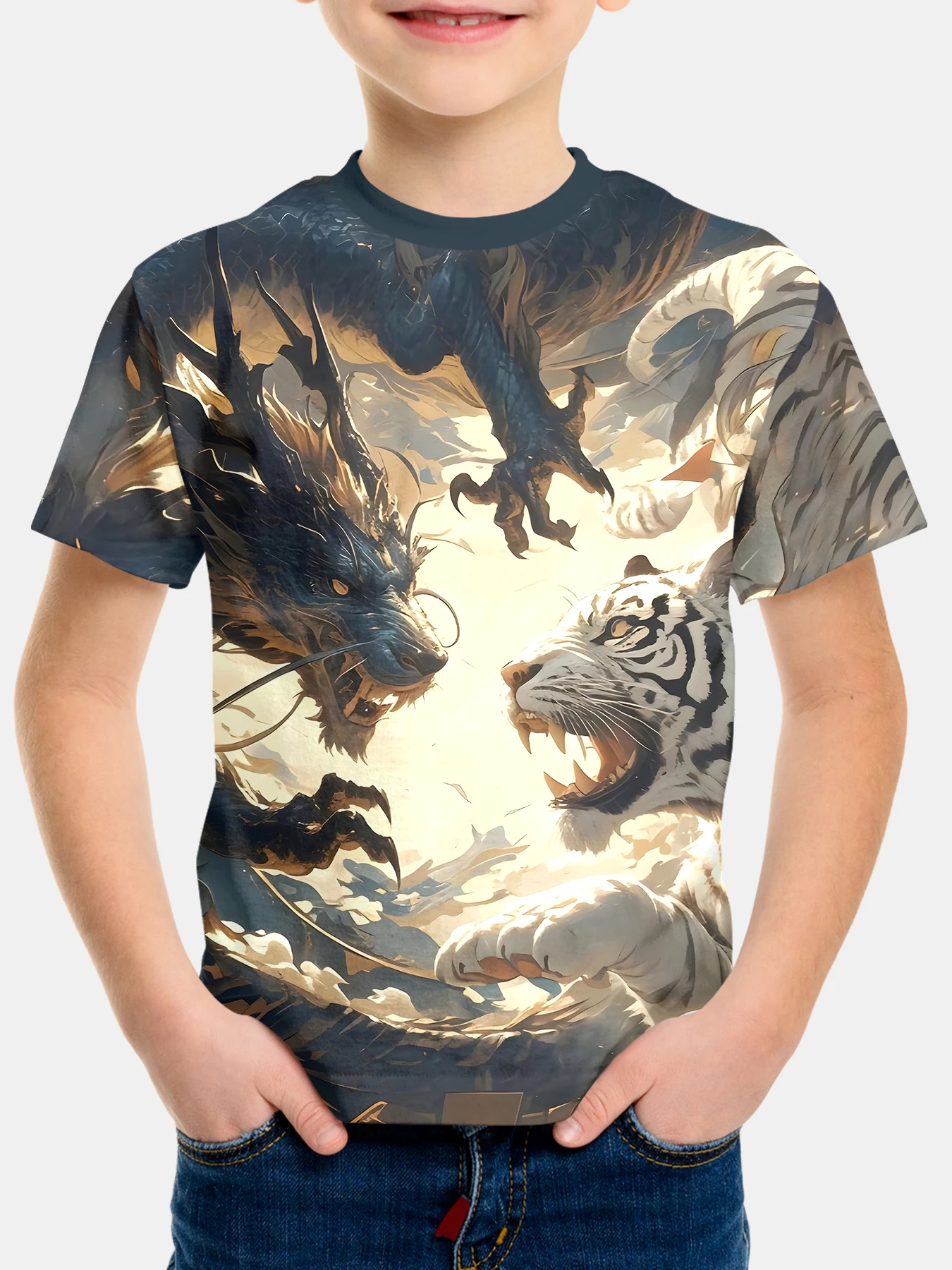 Boys'Dragon Tiger Battle summer round neck short sleeved T-shirt, casual lightweight and comfortable top, 3D printed
Boys'Dragon Tiger Battle summer round neck short sleeved T-shirt, casual lightweight and comfortable top, 3D printed