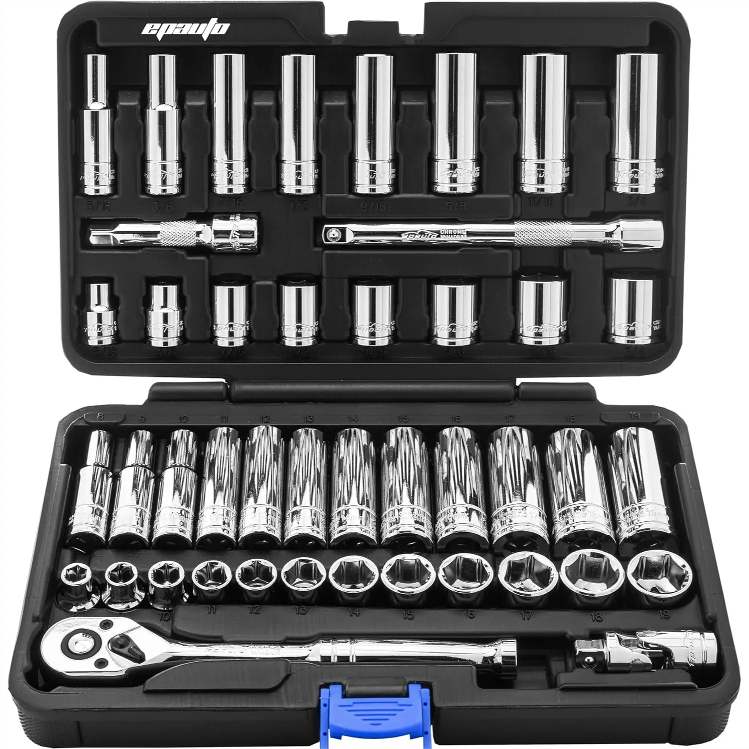 45 Piece 3/8" Drive Socket Set with 72-Tooth Pear Head Ratchet
45 Piece 3/8" Drive Socket Set with 72-Tooth Pear Head Ratchet