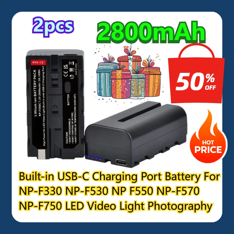 2800mAh Built-in USB-C Charging Port Battery For NP-F330 NP-F530 NP F550 NP-F570 NP-F750 LED Video Light Photography 2pcs
2800mAh Built-in USB-C Charging Port Battery For NP-F330 NP-F530 NP F550 NP-F570 NP-F750 LED Video Light Photography 2pcs