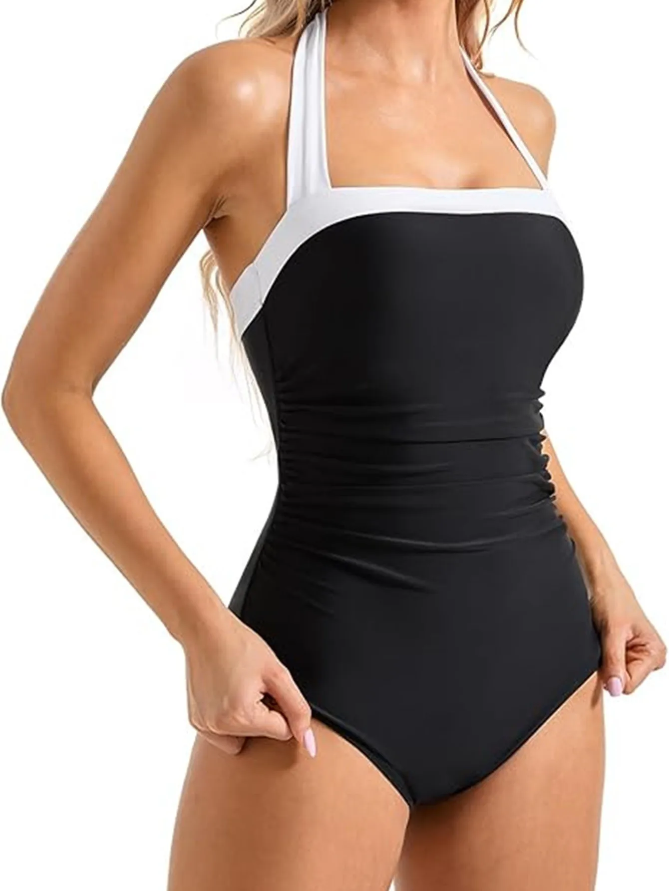 Woman Swimsuit Tankini Backless Halter Neck Ruched Waist Swimsuit High Cut Legs Black White Bathing Suit
Woman Swimsuit Tankini Backless Halter Neck Ruched Waist Swimsuit High Cut Legs Black White Bathing Suit