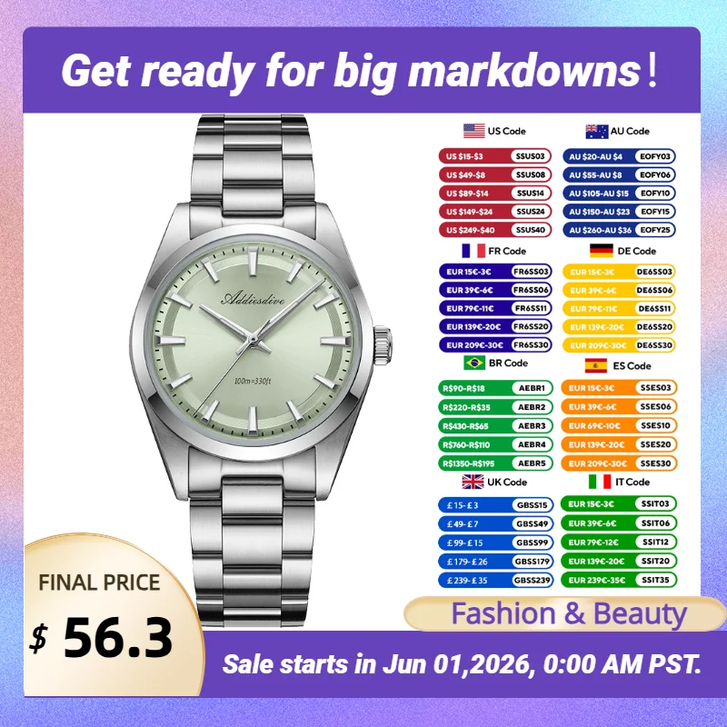 ADDIESDIVE Advanced Women's Quartz Watch 36mm Luminous 100m Waterproof Wristwatch K1 Bubble Mirror Luxury Fashion Lady Watches
ADDIESDIVE Advanced Women's Quartz Watch 36mm Luminous 100m Waterproof Wristwatch K1 Bubble Mirror Luxury Fashion Lady Watches