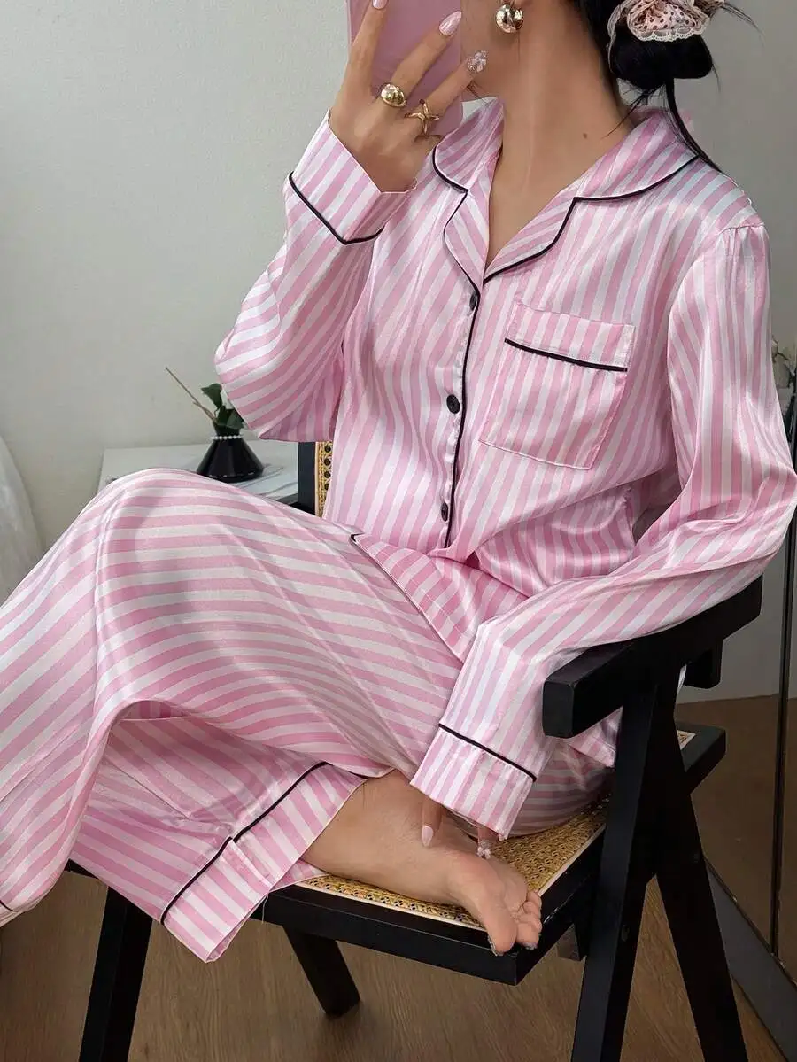 Women Striped Long Sleeve Pajama Set Pink Satin Sleepwear
Women Striped Long Sleeve Pajama Set Pink Satin Sleepwear