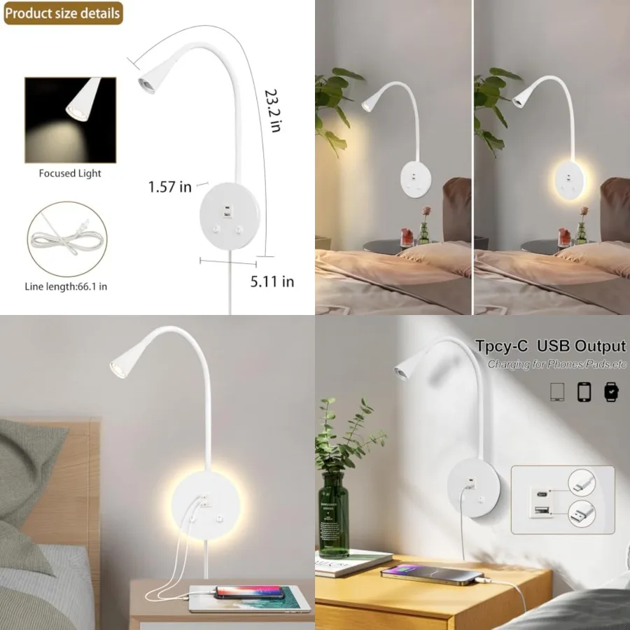 Dimmable LED Wall Reading Lamp - Adjustable Gooseneck Book Light for Bed, USB + Type C Output, 2-in-1 Night Light and Spotlight
Dimmable LED Wall Reading Lamp - Adjustable Gooseneck Book Light for Bed, USB + Type C Output, 2-in-1 Night Light and Spotlight