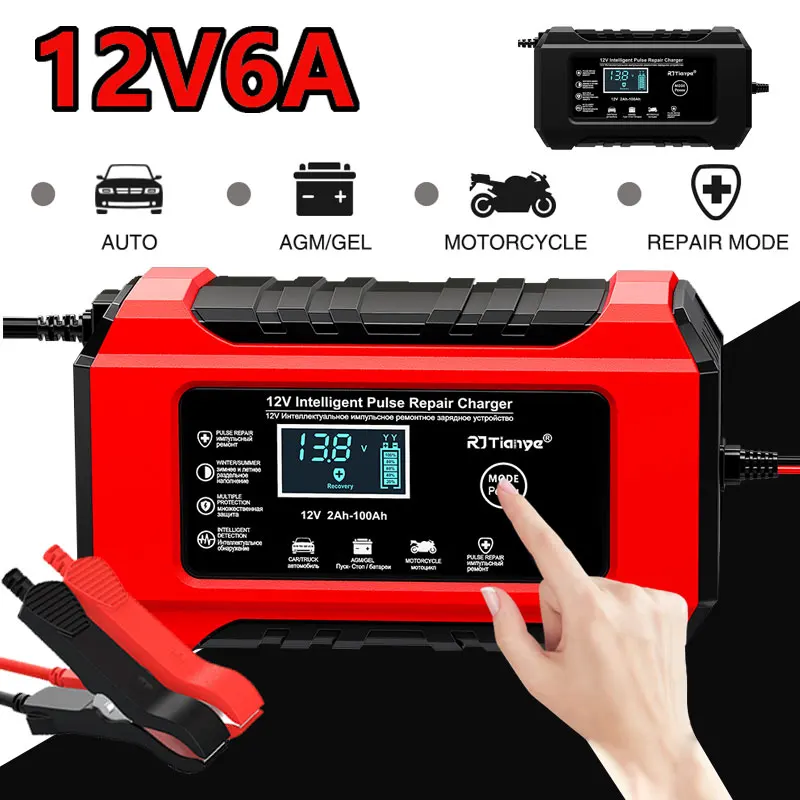 NEW 12V/6A Intelligent Pulse Repair Battery Charger Regulate Car Battery Charger LCD Display For Motorcycle SUV Battery
NEW 12V/6A Intelligent Pulse Repair Battery Charger Regulate Car Battery Charger LCD Display For Motorcycle SUV Battery