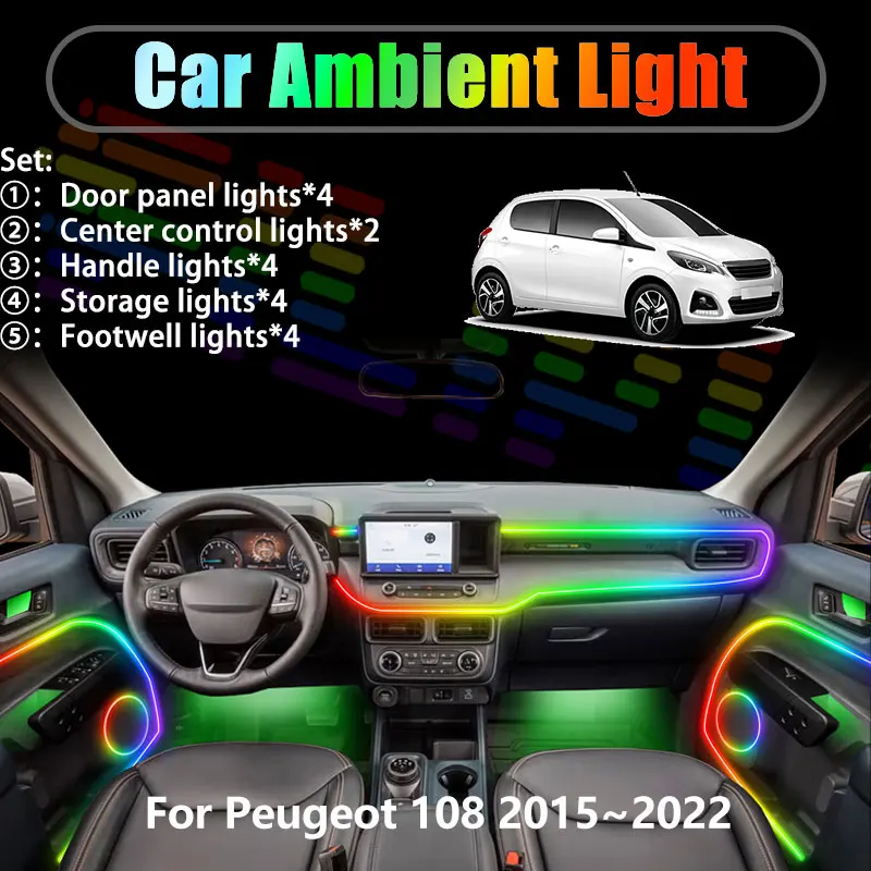 Для Peugeot 108 2015~2022 2016 2/18 в 1: Комплект светодиодной RGB-подсветки салона и багажника с USB-подключением, автозапчасти
Для Peugeot 108 2015~2022 2016 2/18 в 1: Комплект светодиодной RGB-подсветки салона и багажника с USB-подключением, автозапчасти