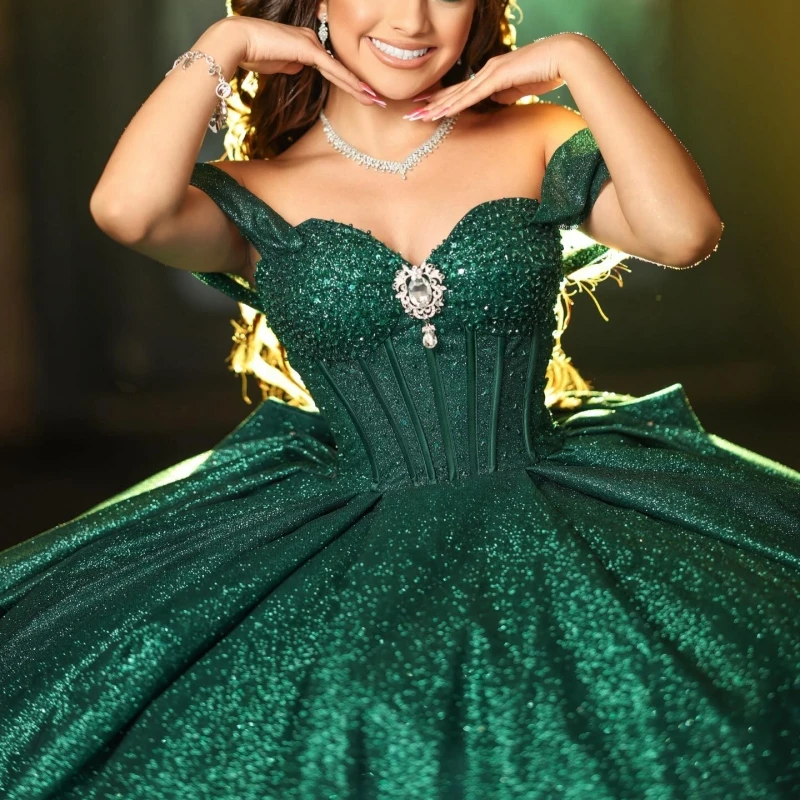 Dark Green Shiny Quinceanera Dresses Ball Gown Off The Shoulder Bow Beading Crystal Tull Corset Tull Sweet 16 Dress Vestidos 15
Dark Green Shiny Quinceanera Dresses Ball Gown Off The Shoulder Bow Beading Crystal Tull Corset Tull Sweet 16 Dress Vestidos 15