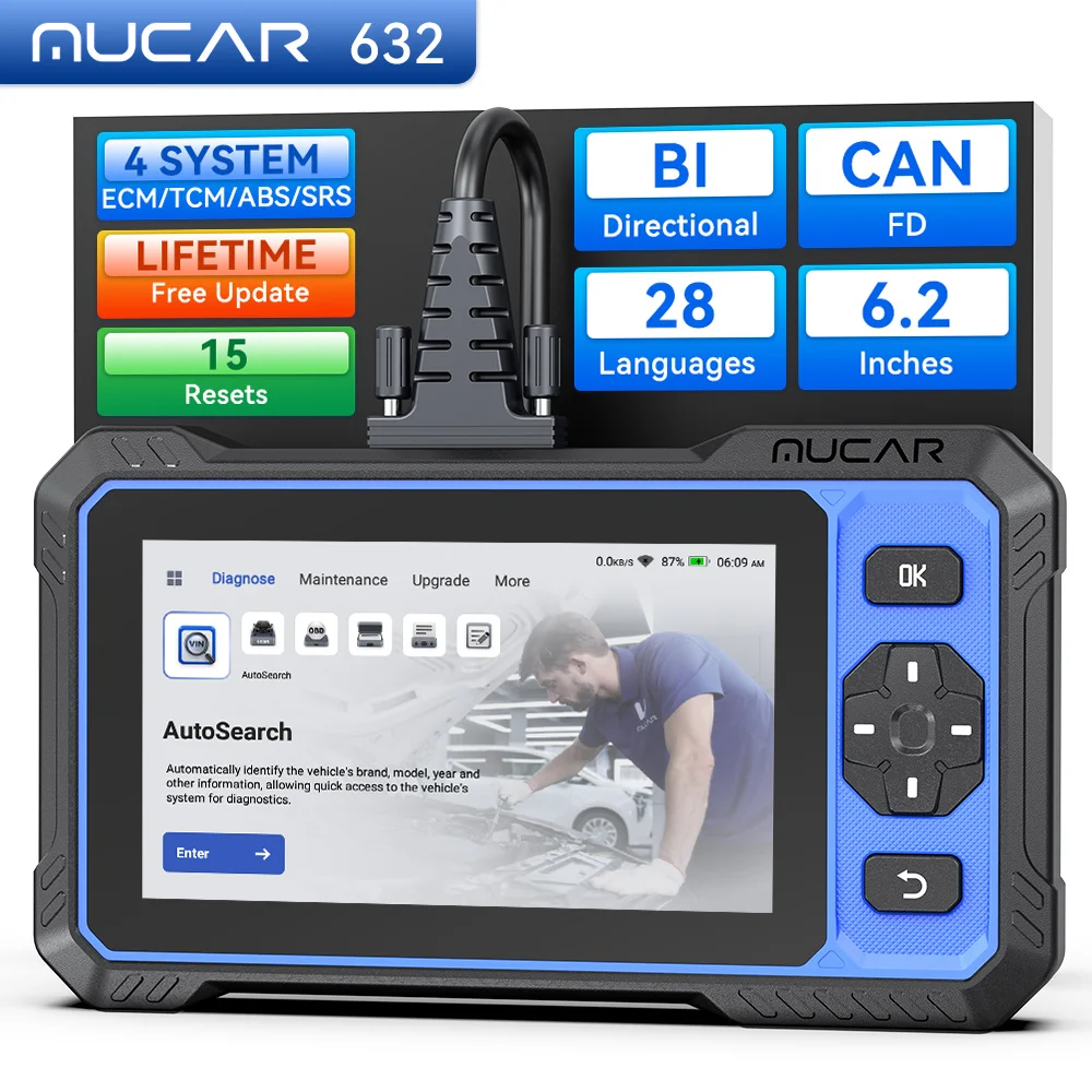 Автосканер MUCAR 632 Global Version с пожизненной бесплатной подпиской, 4 системы, 15 функций сброса, двунаправленная связь CANFD, OBD2, диагностический инструмент для автомобилей
Автосканер MUCAR 632 Global Version с пожизненной бесплатной подпиской, 4 системы, 15 функций сброса, двунаправленная связь CANFD, OBD2, диагностический инструмент для автомобилей