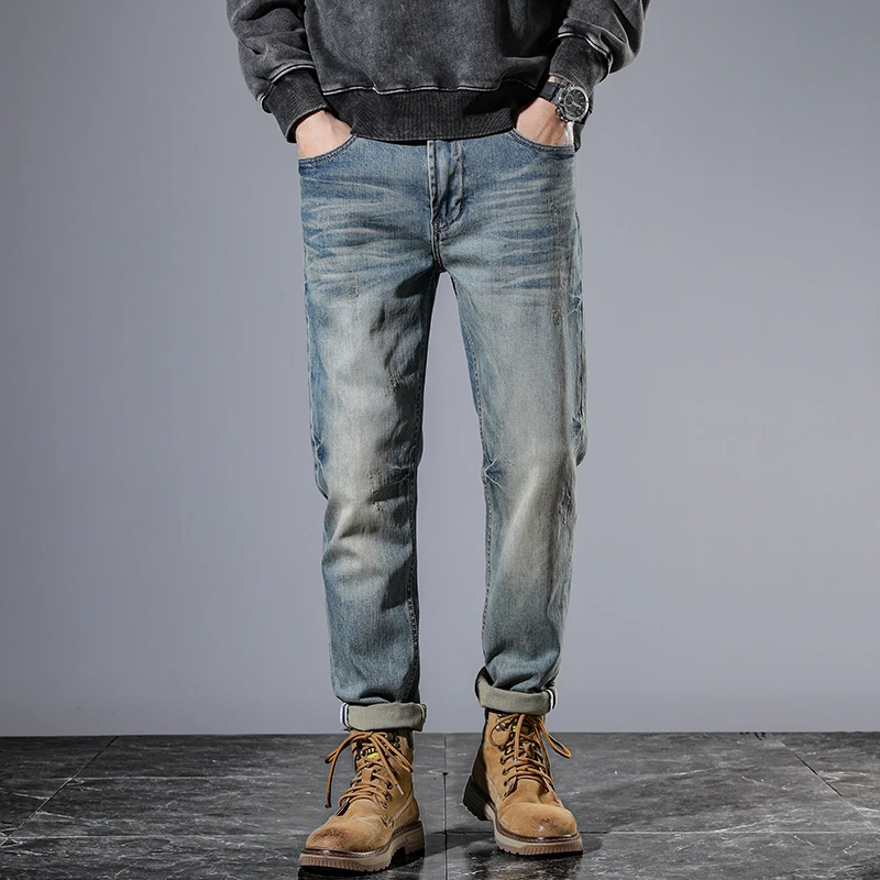 Тяжелые новые американские винтажные тонкие зауженные джинсы для мужчин, универсальные эластичные эластичные бестселлеры, потертые брюки премиум-класса
Тяжелые новые американские винтажные тонкие зауженные джинсы для мужчин, универсальные эластичные эластичные бестселлеры, потертые брюки премиум-класса