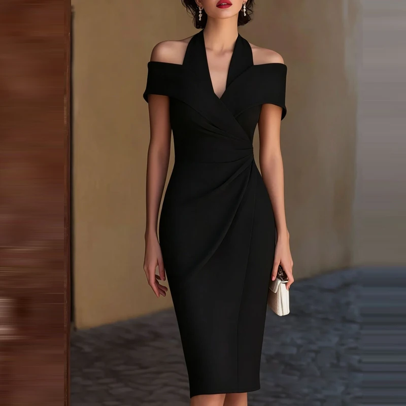 Chic Sexy V Neck Draped Halter Dress Women Spring Solid Slim Bodycon Office Dress 2026 Summer Off Shoulder Backless Hollow Dress
Chic Sexy V Neck Draped Halter Dress Women Spring Solid Slim Bodycon Office Dress 2026 Summer Off Shoulder Backless Hollow Dress