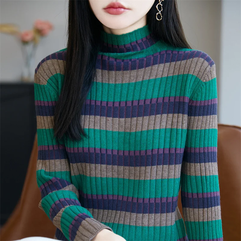 Women's Striped Wool Knitted High Neck Sweater Slim Fit Soft Top Thick Base Autumn Winter Stylish Warm Fashionable
Women's Striped Wool Knitted High Neck Sweater Slim Fit Soft Top Thick Base Autumn Winter Stylish Warm Fashionable