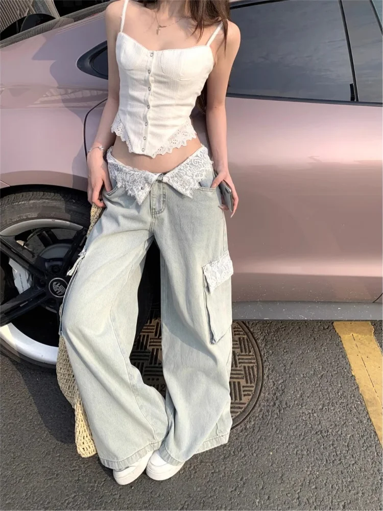 Summer 2025 Women's High Waist Wide Leg Jeans Lace Patchwork Design Loose Fit Straight Leg Lazy Long Trousers Trendy Blue
Summer 2025 Women's High Waist Wide Leg Jeans Lace Patchwork Design Loose Fit Straight Leg Lazy Long Trousers Trendy Blue