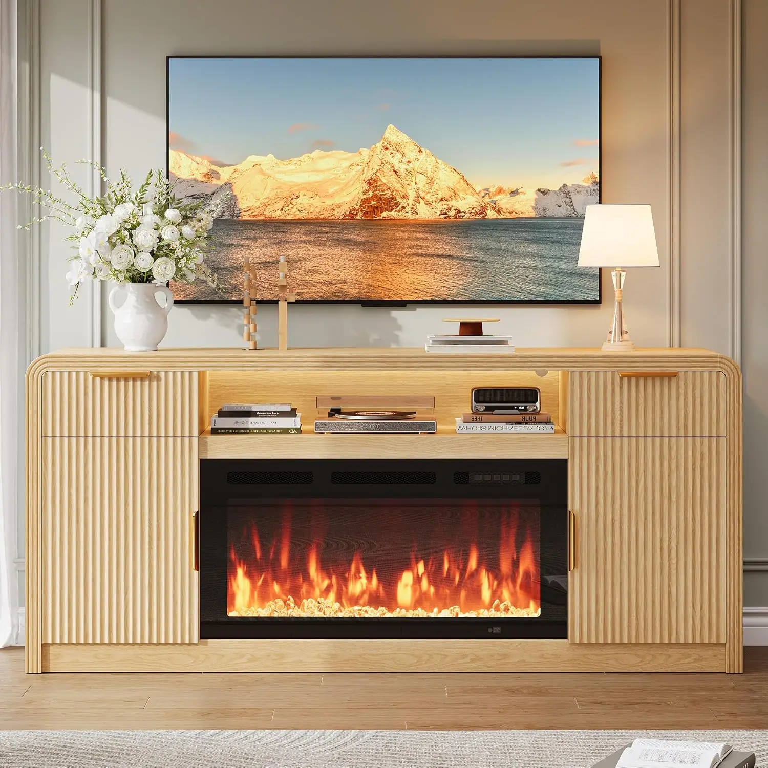 70" Fluted Fireplace TV Stand for 80" TV, TV Console Cabinet with Wavy Grain Doors & Adjustable Shelves, Remote &, Customized
70" Fluted Fireplace TV Stand for 80" TV, TV Console Cabinet with Wavy Grain Doors & Adjustable Shelves, Remote &, Customized
