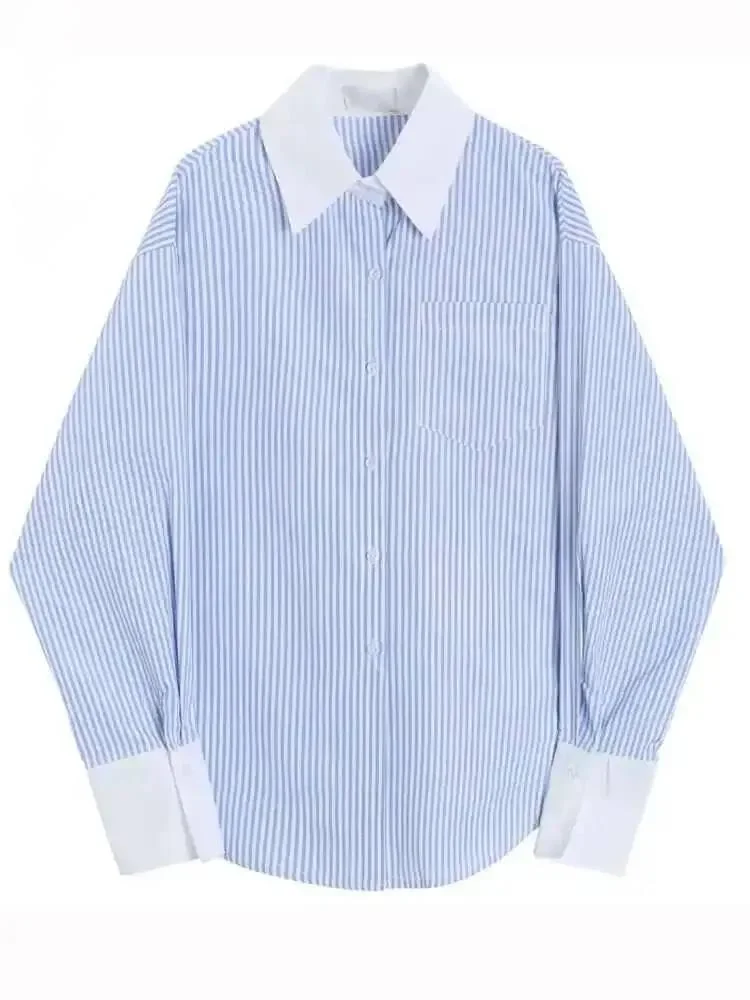 And White Blue Striped Contrasting Long Sleeved Shirt For Women 2025 Spring New Office Lady Chic Top Clothes 2E5L1
And White Blue Striped Contrasting Long Sleeved Shirt For Women 2025 Spring New Office Lady Chic Top Clothes 2E5L1