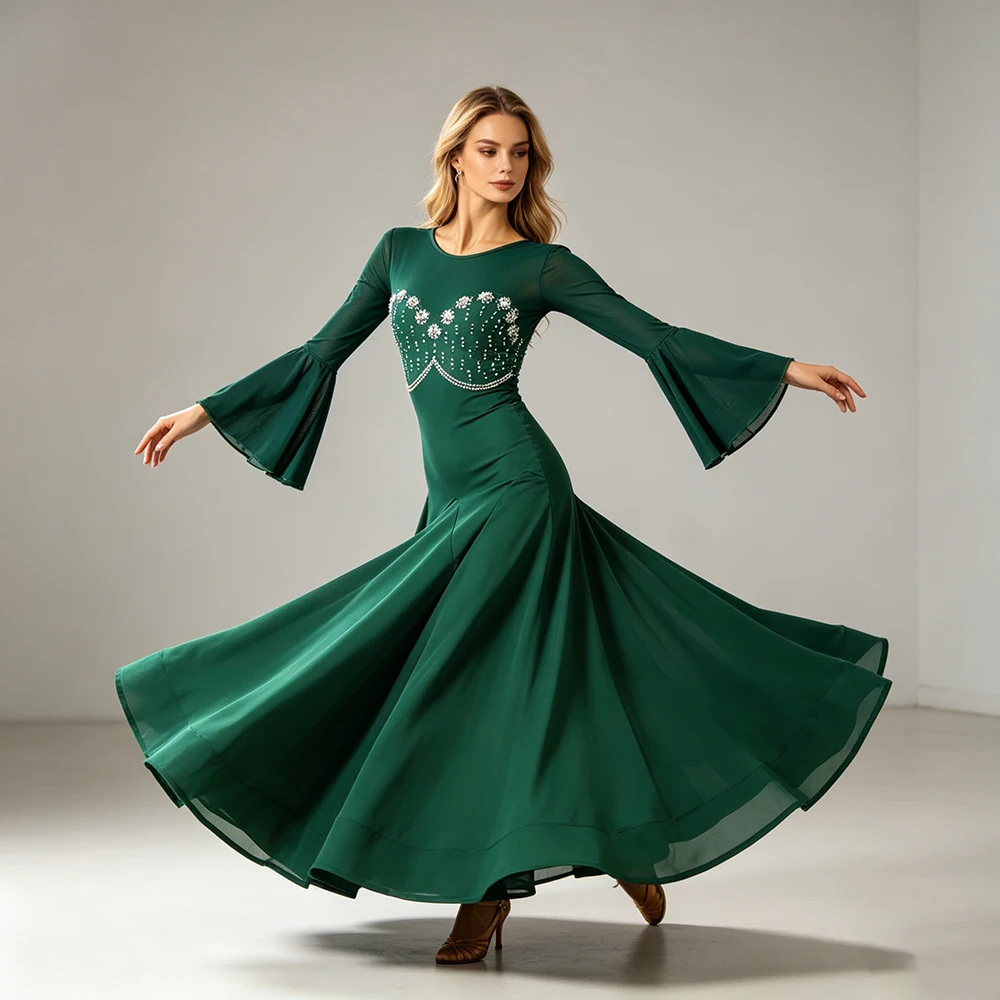 Elegant Ballroom Dance Dress for Women Rhinestone Long Sleeve Waltz Gown Standard Dance Big Swing Modern Performance Costume
Elegant Ballroom Dance Dress for Women Rhinestone Long Sleeve Waltz Gown Standard Dance Big Swing Modern Performance Costume