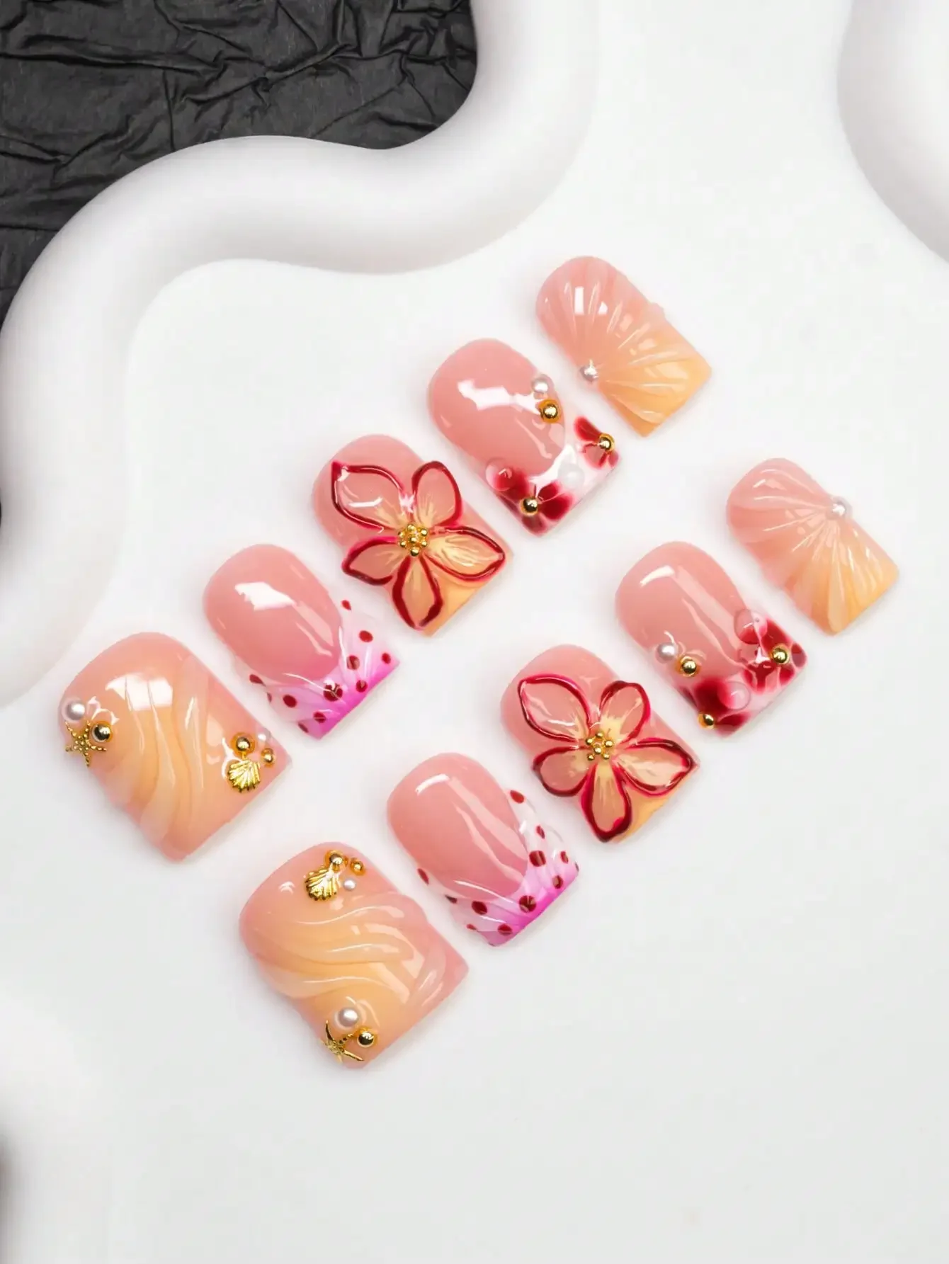 10pcs Square Shaped Handmade Nail Tips, Y2K Baddie Style, Nude, Pink, Yellow Nail Plates With French Edge, Metal Beads, Small Flowers, Water Drops, Carved Patterns, Seashells, Starfish, Polka Dots Design, Handcrafted Wearable Nails, Suitable For Women And
10pcs Square Shaped Handmade Nail Tips, Y2K Baddie Style, Nude, Pink, Yellow Nail Plates With French Edge, Metal Beads, Small Flowers, Water Drops, Carved Patterns, Seashells, Starfish, Polka Dots Design, Handcrafted Wearable Nails, Suitable For Women And