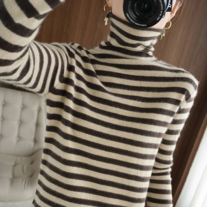 Women's High Collar Knitted Base irt Long Sve Striped Inner Wear Turtlene Versatile Autumn Winter Slim Fit Top
Women's High Collar Knitted Base irt Long Sve Striped Inner Wear Turtlene Versatile Autumn Winter Slim Fit Top