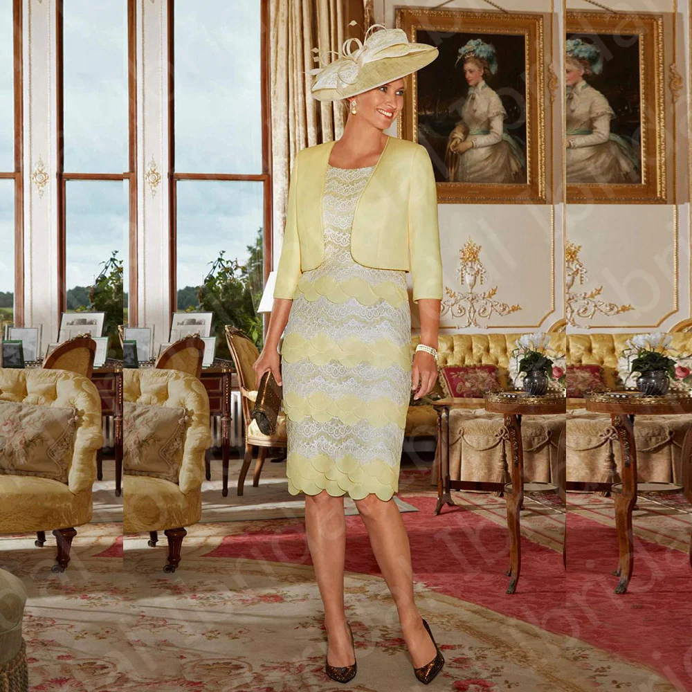 Graceful Light Yellow Mother of the Bride Dresses with Jacket Two Pieces Lace Knee Length Wedding Party Gowns
Graceful Light Yellow Mother of the Bride Dresses with Jacket Two Pieces Lace Knee Length Wedding Party Gowns