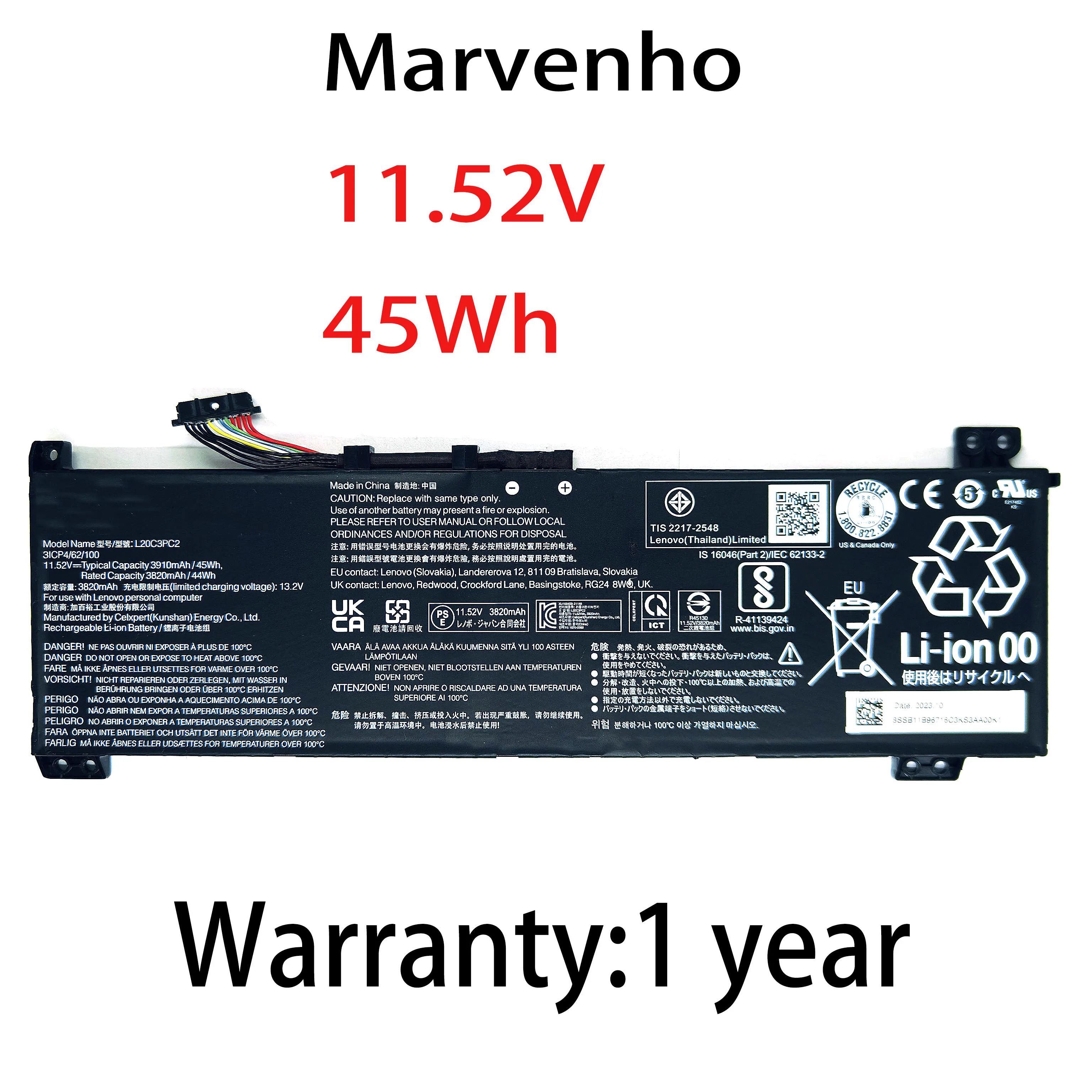 Новая батарея Marvenho 45 Вт·ч 11.52 В 3910 мА·ч L20C3PC2 L20M3PC2 L20D3PC2 для ноутбуков Lenovo IdeaPad Gaming 3 15IHU6 3i series
Новая батарея Marvenho 45 Вт·ч 11.52 В 3910 мА·ч L20C3PC2 L20M3PC2 L20D3PC2 для ноутбуков Lenovo IdeaPad Gaming 3 15IHU6 3i series