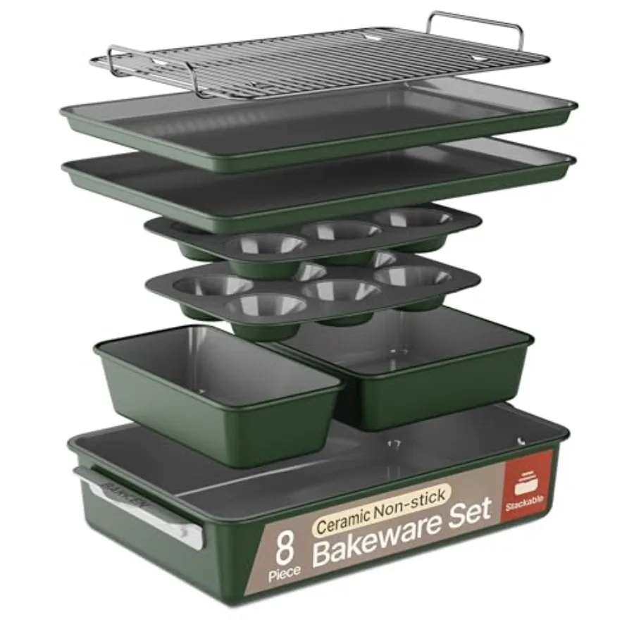 Bakken 8-Piece Ceramic Coated Bakeware Sets Nonstick Aluminized Steel Pans with Muffin Loaf Cake Roasting Pan and Cooling Rack
Bakken 8-Piece Ceramic Coated Bakeware Sets Nonstick Aluminized Steel Pans with Muffin Loaf Cake Roasting Pan and Cooling Rack