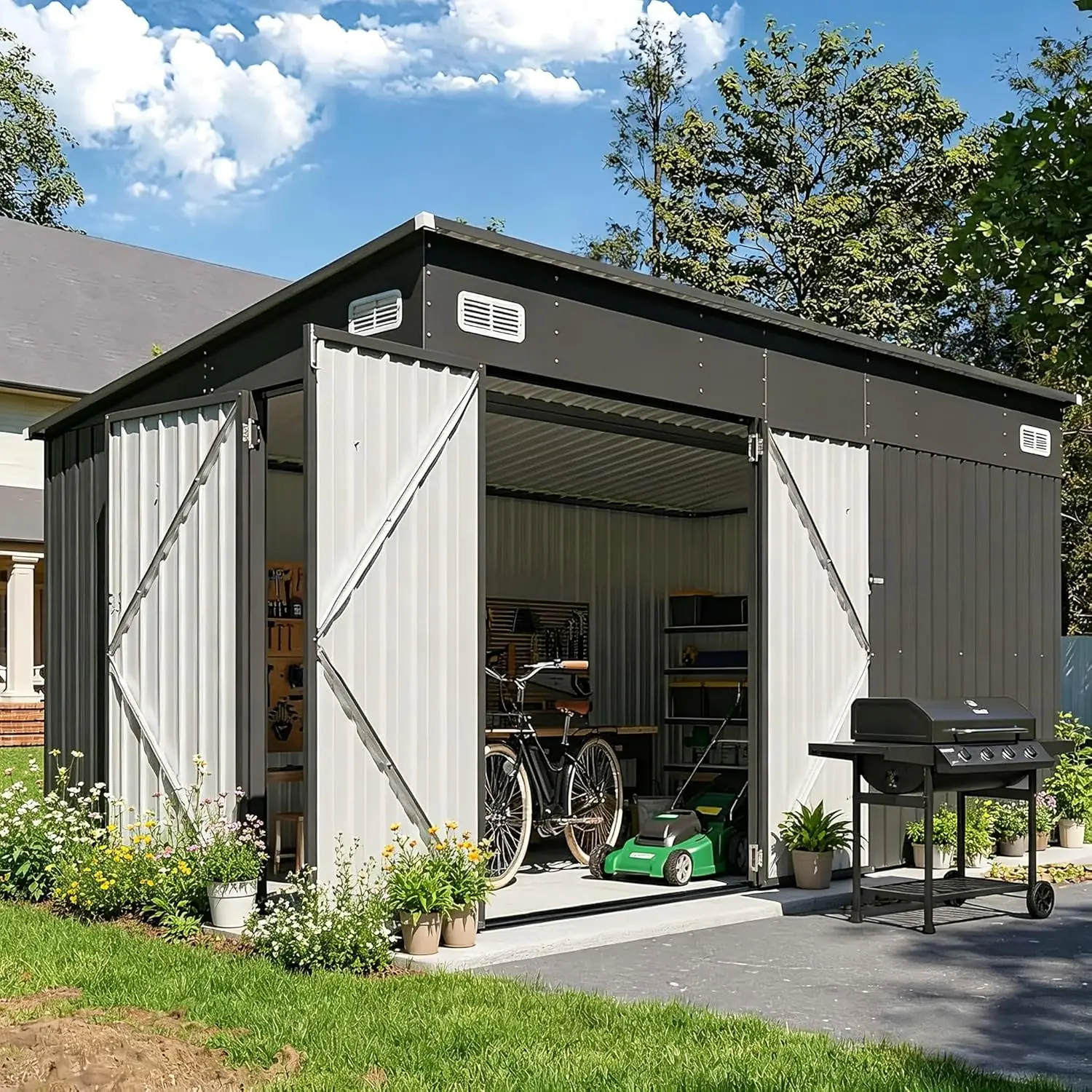 8x10ft Metal Storage Shed Triple Doors Lockable Sloped Roof for Mower Bike Garden Tools Customized
8x10ft Metal Storage Shed Triple Doors Lockable Sloped Roof for Mower Bike Garden Tools Customized