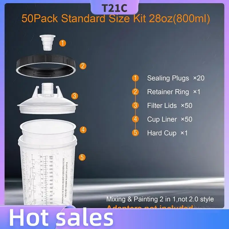 T21C Paint Cup Kit- 28 Ounce(800Ml), Includes 50 Cups& Lids, 1 Hard Retainer Ring, 20 Plugs For HVLP And LVLP Systems
T21C Paint Cup Kit- 28 Ounce(800Ml), Includes 50 Cups& Lids, 1 Hard Retainer Ring, 20 Plugs For HVLP And LVLP Systems
