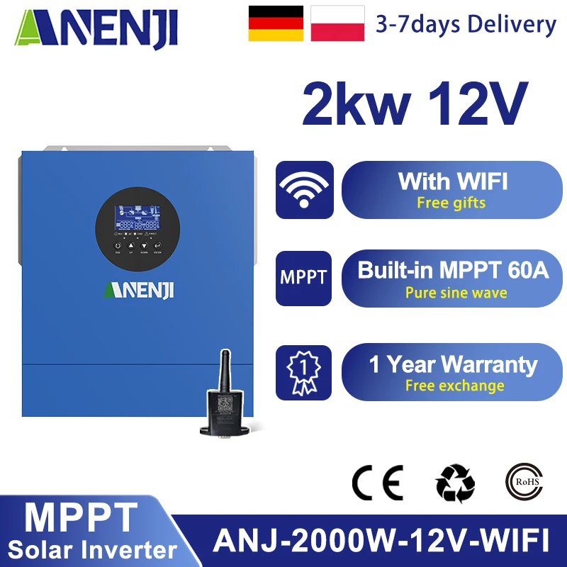 2KW 12V Solar Inverter Built-in MPPT 60A Off Grid Pure Sine Wave Inverter With Wifi For PV 30-160VDC Support UTL,SOL,SBU
2KW 12V Solar Inverter Built-in MPPT 60A Off Grid Pure Sine Wave Inverter With Wifi For PV 30-160VDC Support UTL,SOL,SBU