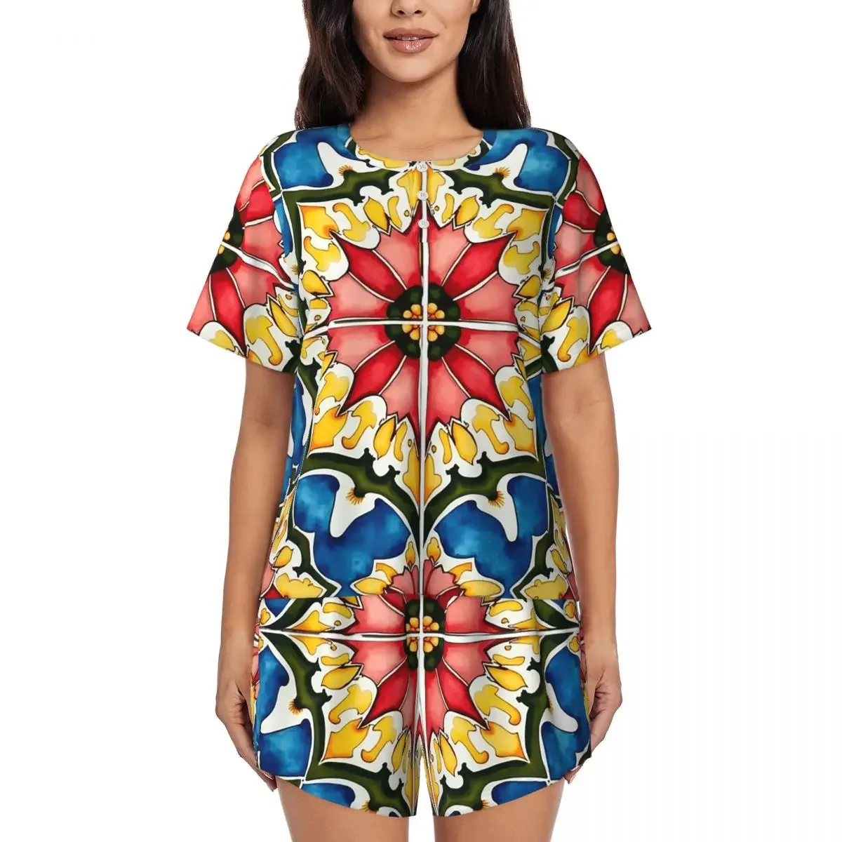 Mediterranean,colorful,vibrant,mosaic Tiles Art 1 Round Neck Short Sleeves Nightdress for Sleeping Women Pajama Set Short Pants
Mediterranean,colorful,vibrant,mosaic Tiles Art 1 Round Neck Short Sleeves Nightdress for Sleeping Women Pajama Set Short Pants