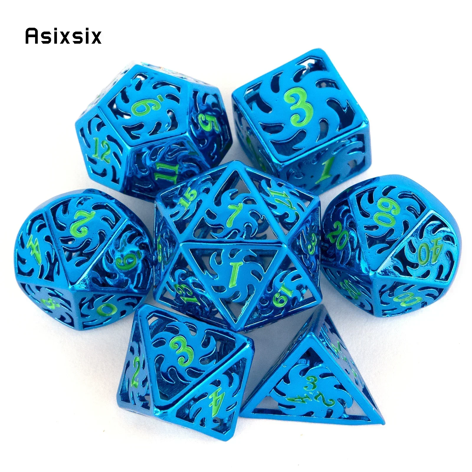 7 Pcs Blue Green Windmill Metal Dice Hollow Metal Polyhedral Dice Set Suitable for Role-Playing RPG Board Game Gift
7 Pcs Blue Green Windmill Metal Dice Hollow Metal Polyhedral Dice Set Suitable for Role-Playing RPG Board Game Gift