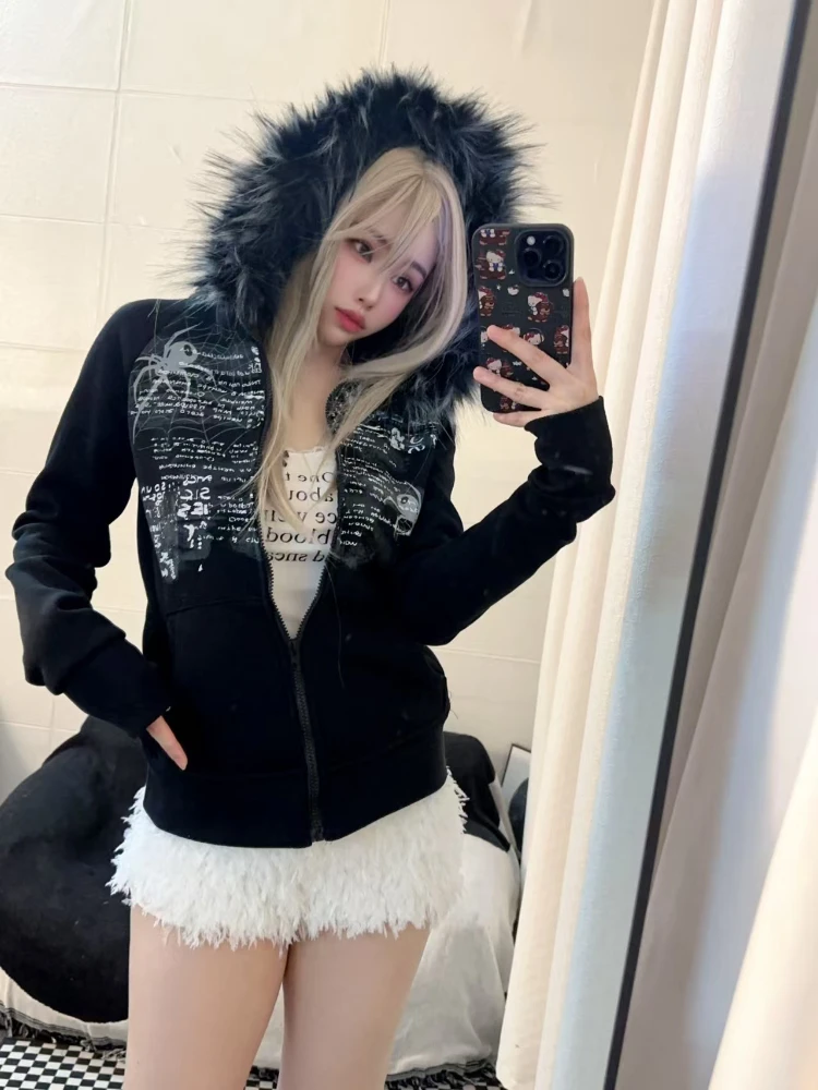Punk Style Gothic Long Sleeve Black Coat Women Aesthetic Hot Girl Letter Print Slim Hoodie Autumn Thin Hooded Zipper Overcoat
Punk Style Gothic Long Sleeve Black Coat Women Aesthetic Hot Girl Letter Print Slim Hoodie Autumn Thin Hooded Zipper Overcoat
