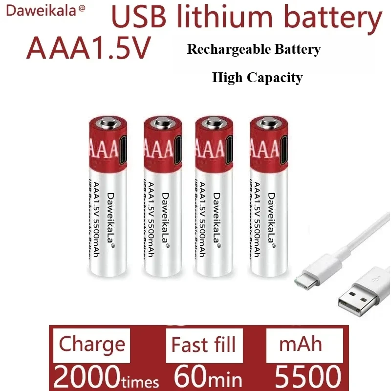 1.5V AAA 5500mah USB Rechargeable Lithium ion battery for remote control wireless mouse + cable
1.5V AAA 5500mah USB Rechargeable Lithium ion battery for remote control wireless mouse + cable