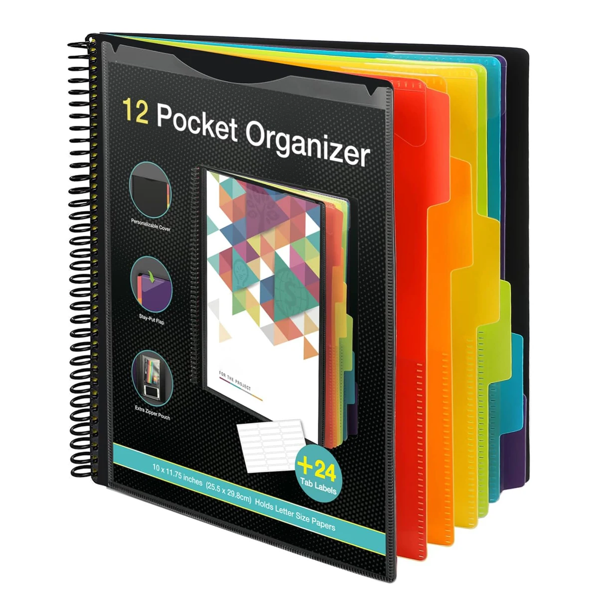 12 pocket project organizer, spiral binder organizer, multi-pocket binder with dividers, back cover utility pocket
12 pocket project organizer, spiral binder organizer, multi-pocket binder with dividers, back cover utility pocket