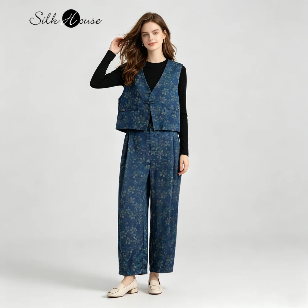 Blue Shadow Flower Paper New Chinese 100% Natural Mulberry Silk Red Cloud Yarn Fragrant Cloud Yarn Women's Vest Harem Pants Set
Blue Shadow Flower Paper New Chinese 100% Natural Mulberry Silk Red Cloud Yarn Fragrant Cloud Yarn Women's Vest Harem Pants Set
