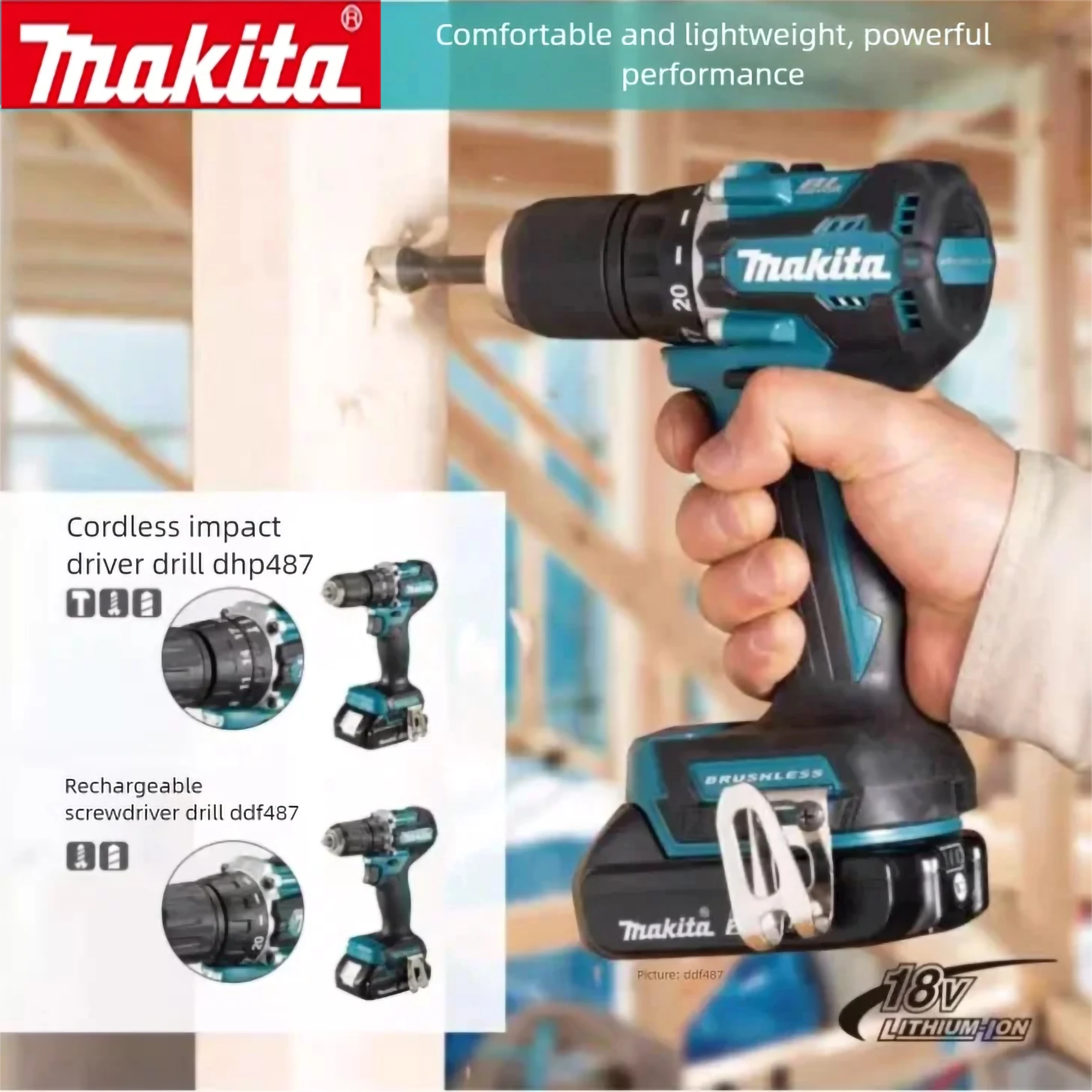 Makita rechargeable screwdriver electric drill DDF487 brushless charging impact drill with high torque For 18V lithium battery
Makita rechargeable screwdriver electric drill DDF487 brushless charging impact drill with high torque For 18V lithium battery