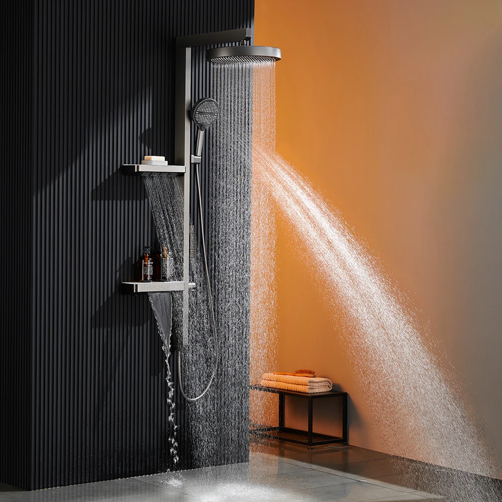 Modern High-end Smart LED Display Rain Bathroom Shower System with Shelf Temperature Concrete Mixer Rainfall Digital Shower Set
Modern High-end Smart LED Display Rain Bathroom Shower System with Shelf Temperature Concrete Mixer Rainfall Digital Shower Set