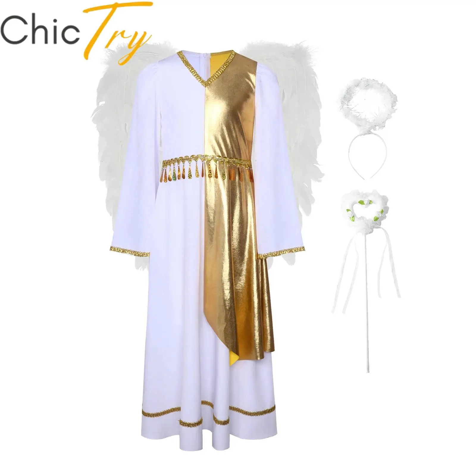 Kids Girl 4Pcs Angel Costume Halloween Set Golden Woven Trim Flared Sleeve Sequins Tassels Dress with Headband Fairy Sticks Wing 
Kids Girl 4Pcs Angel Costume Halloween Set Golden Woven Trim Flared Sleeve Sequins Tassels Dress with Headband Fairy Sticks Wing