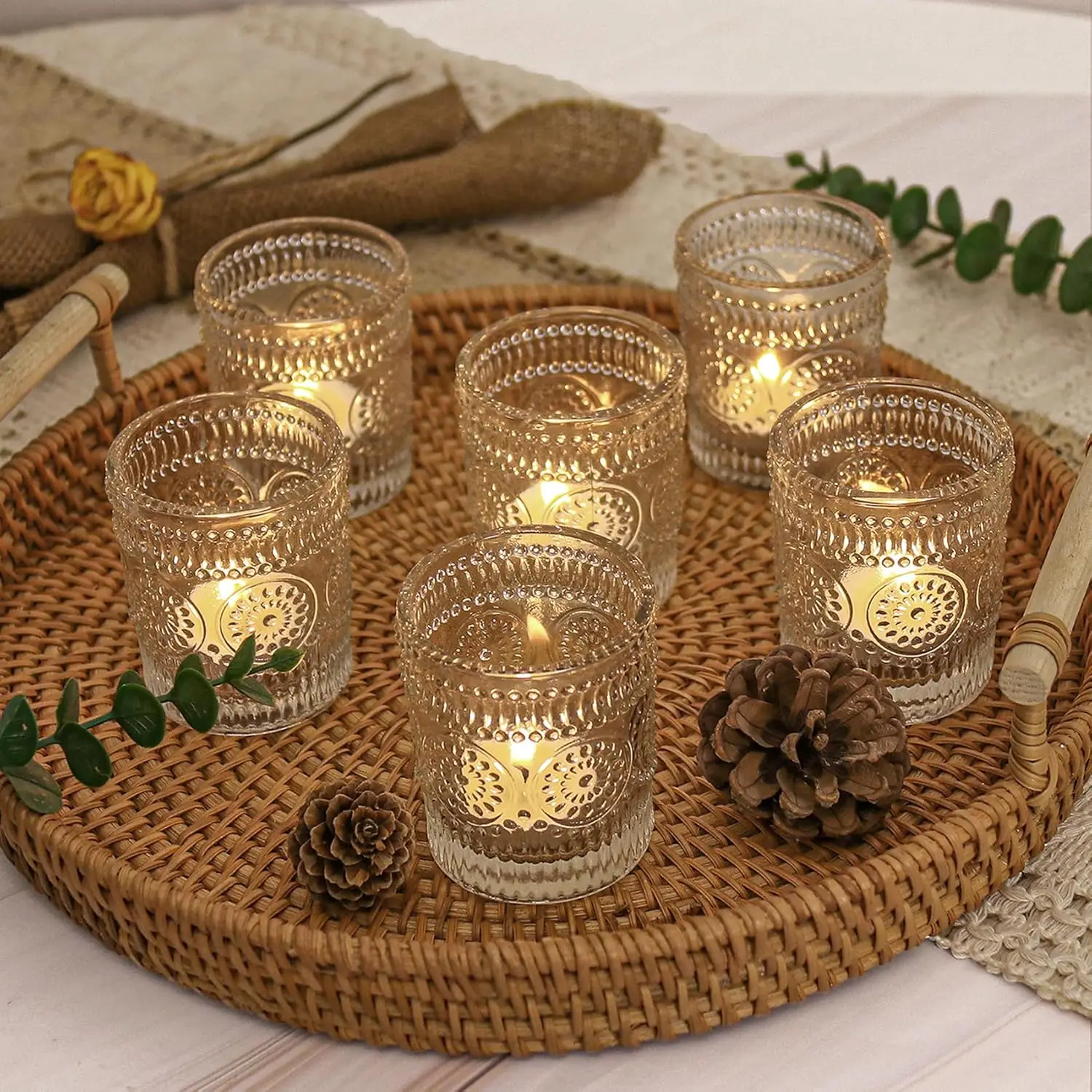 24 Clear Glass Votive Candle Holders, Vintage Sunflower Embossed for Table Decor, Wedding Centerpieces
24 Clear Glass Votive Candle Holders, Vintage Sunflower Embossed for Table Decor, Wedding Centerpieces