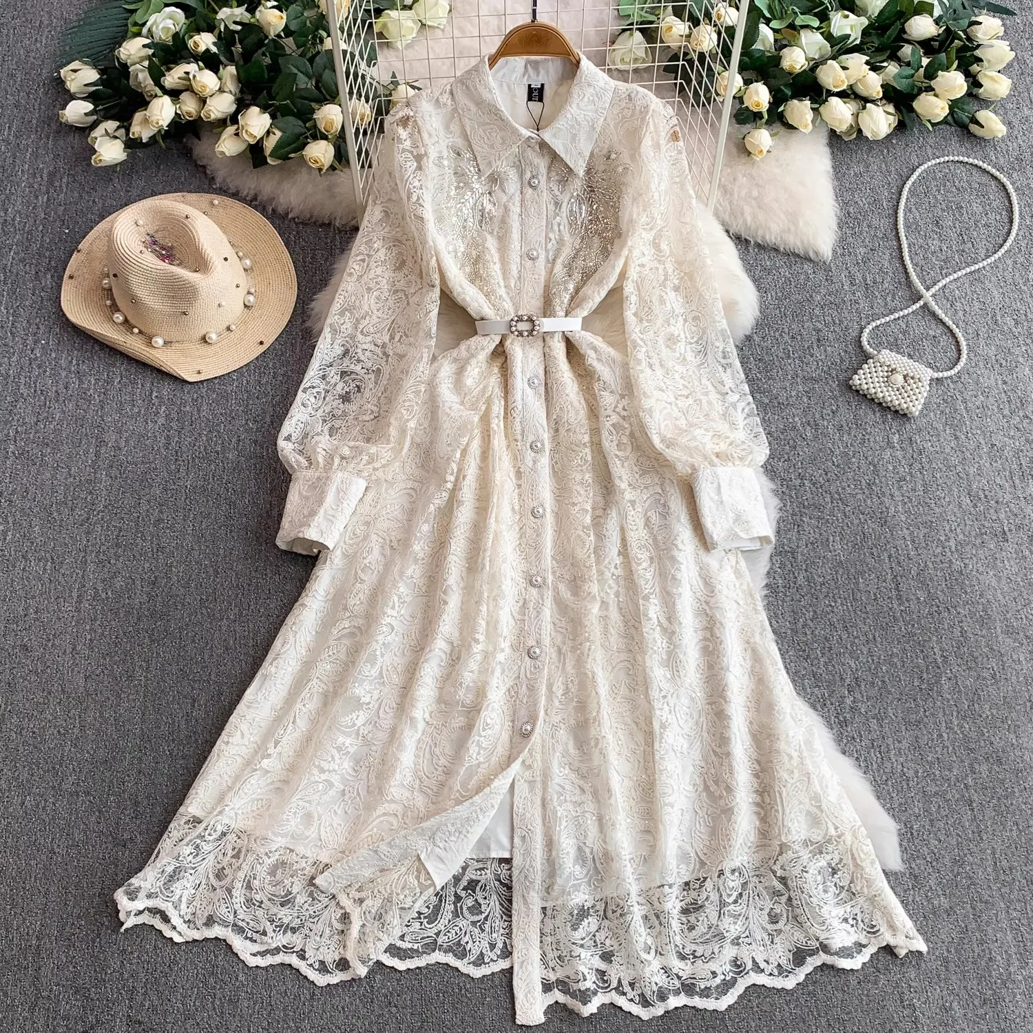 Designer Summer Holiday Diamond Flower Embroidery Lace Prom Dress Women Autumn Turn Down Neck Lady Party Beaded Belt Vestidos
Designer Summer Holiday Diamond Flower Embroidery Lace Prom Dress Women Autumn Turn Down Neck Lady Party Beaded Belt Vestidos