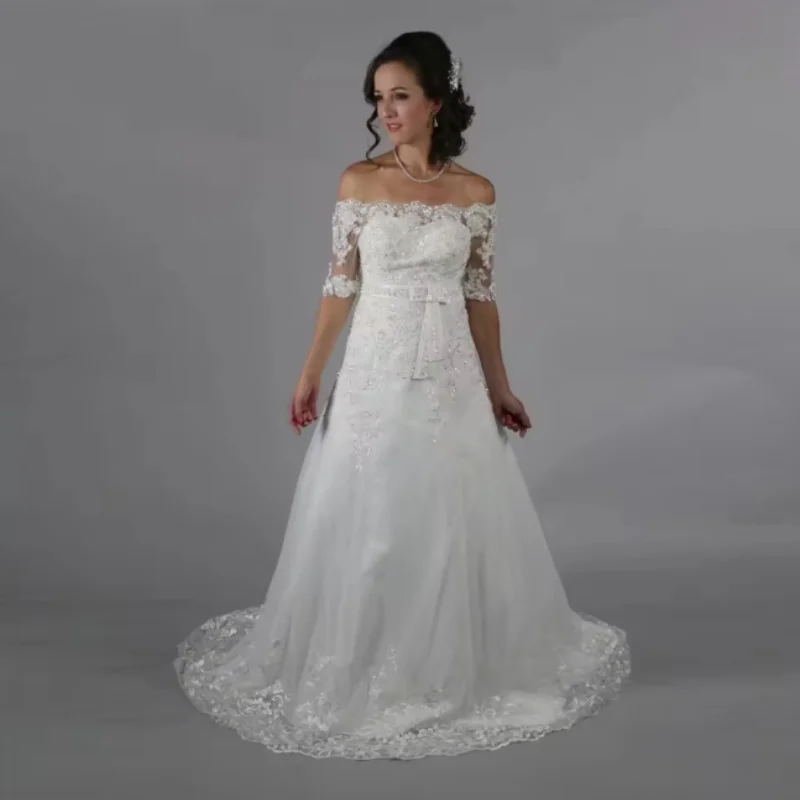 Arabic Weddings Dresses Off The Shoulder Three Quarter Tulle Bride Dress with Appliques Sequined Stylish Bridal Gown Customized
Arabic Weddings Dresses Off The Shoulder Three Quarter Tulle Bride Dress with Appliques Sequined Stylish Bridal Gown Customized