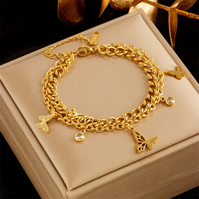 18K Gold Hollow Butterfly Zircon Bracelet 316L Stainless Steel Double Curb Chain Dainty Trendy Women Daily Jewelry Gift
18K Gold Hollow Butterfly Zircon Bracelet 316L Stainless Steel Double Curb Chain Dainty Trendy Women Daily Jewelry Gift