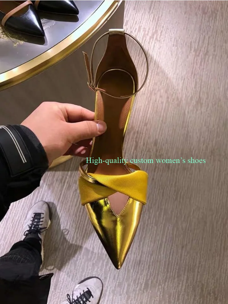 Pointed Instep Entanglement Broadband Color Blocking Shallow High Heel Stilettos Ankle Buckle Gold Handmade Women's Shoes
Pointed Instep Entanglement Broadband Color Blocking Shallow High Heel Stilettos Ankle Buckle Gold Handmade Women's Shoes