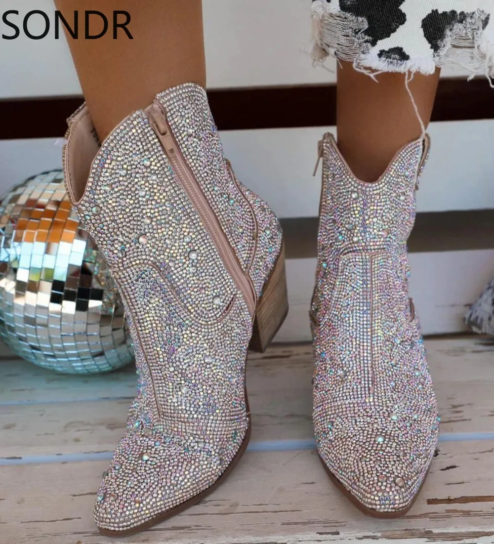 Women Ankle Boots Rhinestone Block Low Chunky Heels Casual Slip On Chelsea Shoes
Women Ankle Boots Rhinestone Block Low Chunky Heels Casual Slip On Chelsea Shoes