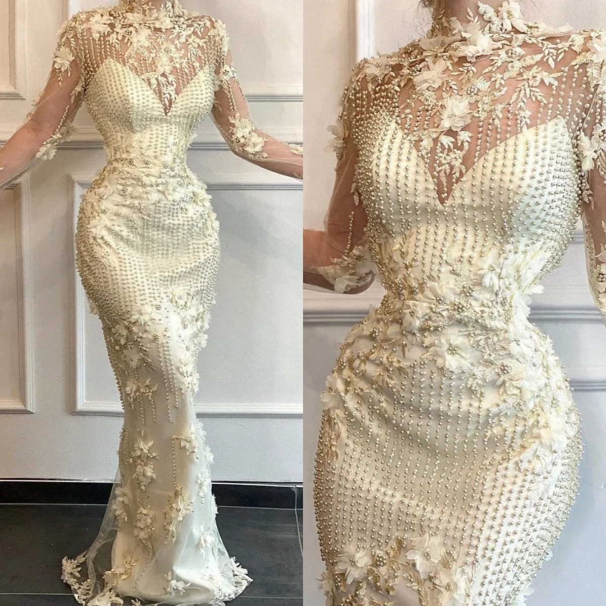 Designer Mermaid Evening Dresses For Women High Collar Long Sleeves Gown Appliques Beaded Dress Customized
Designer Mermaid Evening Dresses For Women High Collar Long Sleeves Gown Appliques Beaded Dress Customized