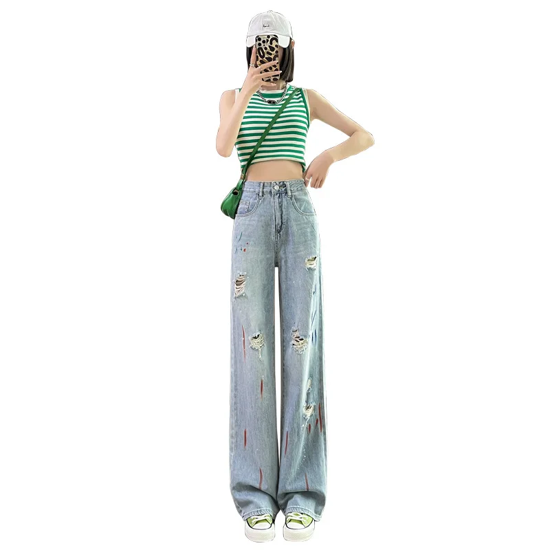 Washed Ripped High-waisted Denim Wide-leg Pants.Women's New Spring and Summer Fashion Sense of Design Paint Floor-length Jeans
Washed Ripped High-waisted Denim Wide-leg Pants.Women's New Spring and Summer Fashion Sense of Design Paint Floor-length Jeans