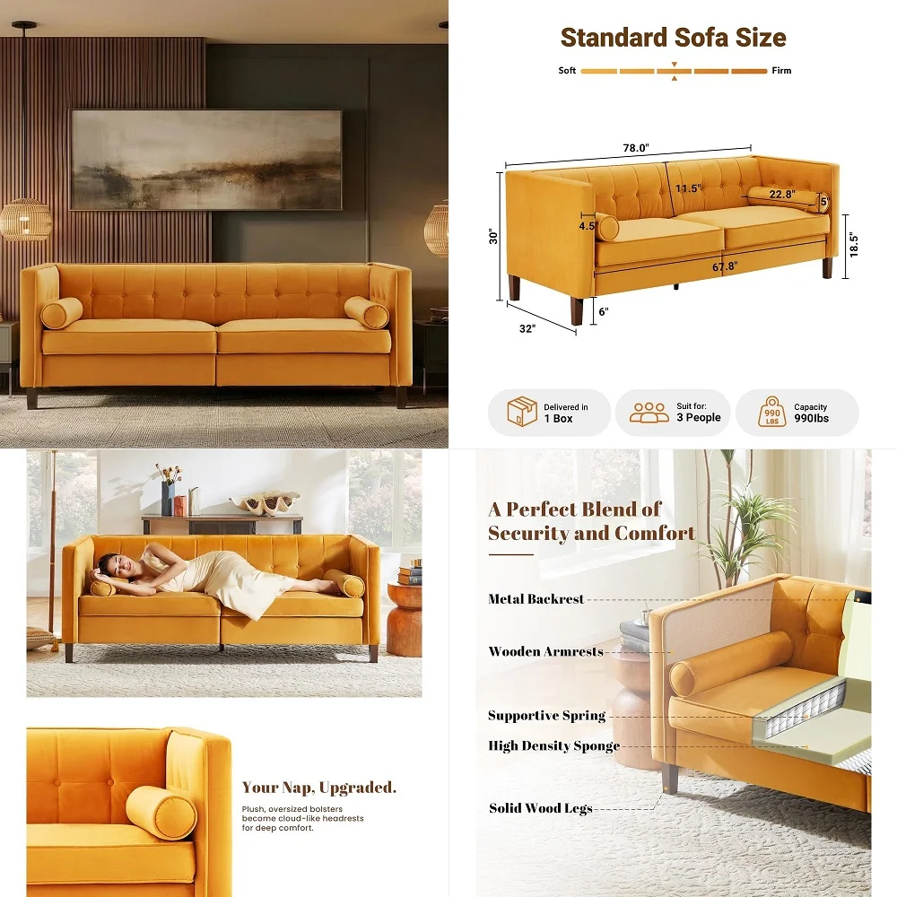 78 W Velvet Sofa, MidCentury Love Seats Sofa Furniture with Bolster Pillows, Button Tufted Couch for Living Room, ToolFree Asse
78 W Velvet Sofa, MidCentury Love Seats Sofa Furniture with Bolster Pillows, Button Tufted Couch for Living Room, ToolFree Asse