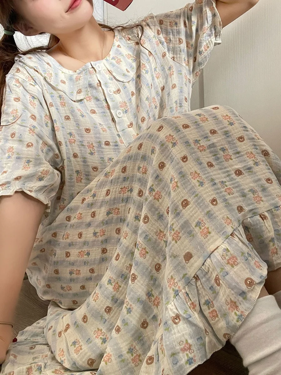 Korean Sle Cute Cartoon Stripe Bear Sp Dr Women Summer ort Sve Long Dr Sweet Loose Home Clothes Pyjamas
Korean Sle Cute Cartoon Stripe Bear Sp Dr Women Summer ort Sve Long Dr Sweet Loose Home Clothes Pyjamas