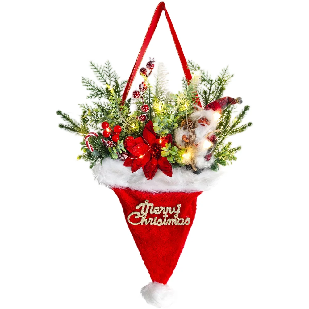 Креативная светодиодная рождественская шапка с гирляндами для подвешивания дверей, праздничное украшение, красный пластиковый тканевый материал
Креативная светодиодная рождественская шапка с гирляндами для подвешивания дверей, праздничное украшение, красный пластиковый тканевый материал