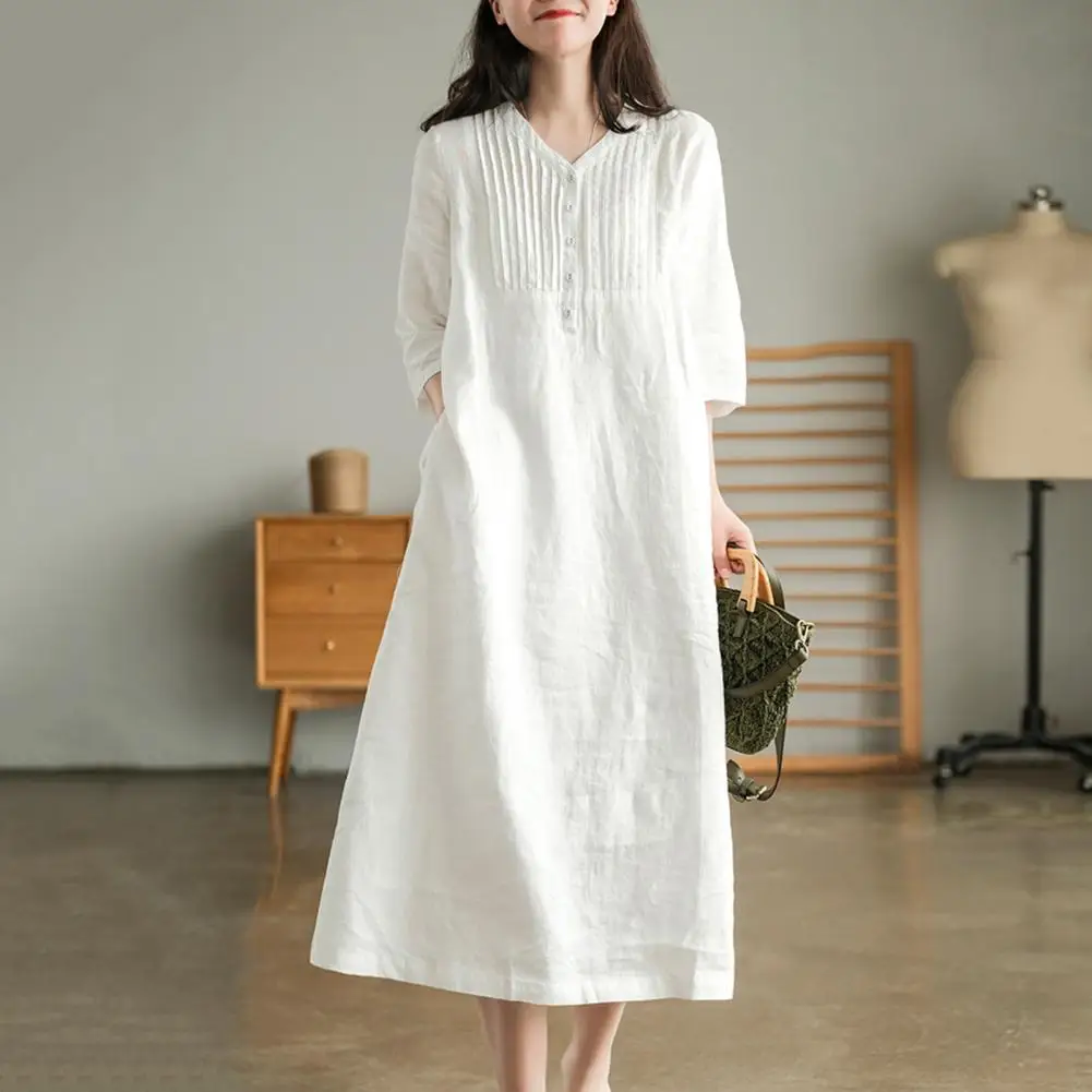 Wear Midi Dress Elegant V Neck Pleated Midi Dress with Side Pockets for Women A-line Knee Length Wear Summer Dress Button
Wear Midi Dress Elegant V Neck Pleated Midi Dress with Side Pockets for Women A-line Knee Length Wear Summer Dress Button